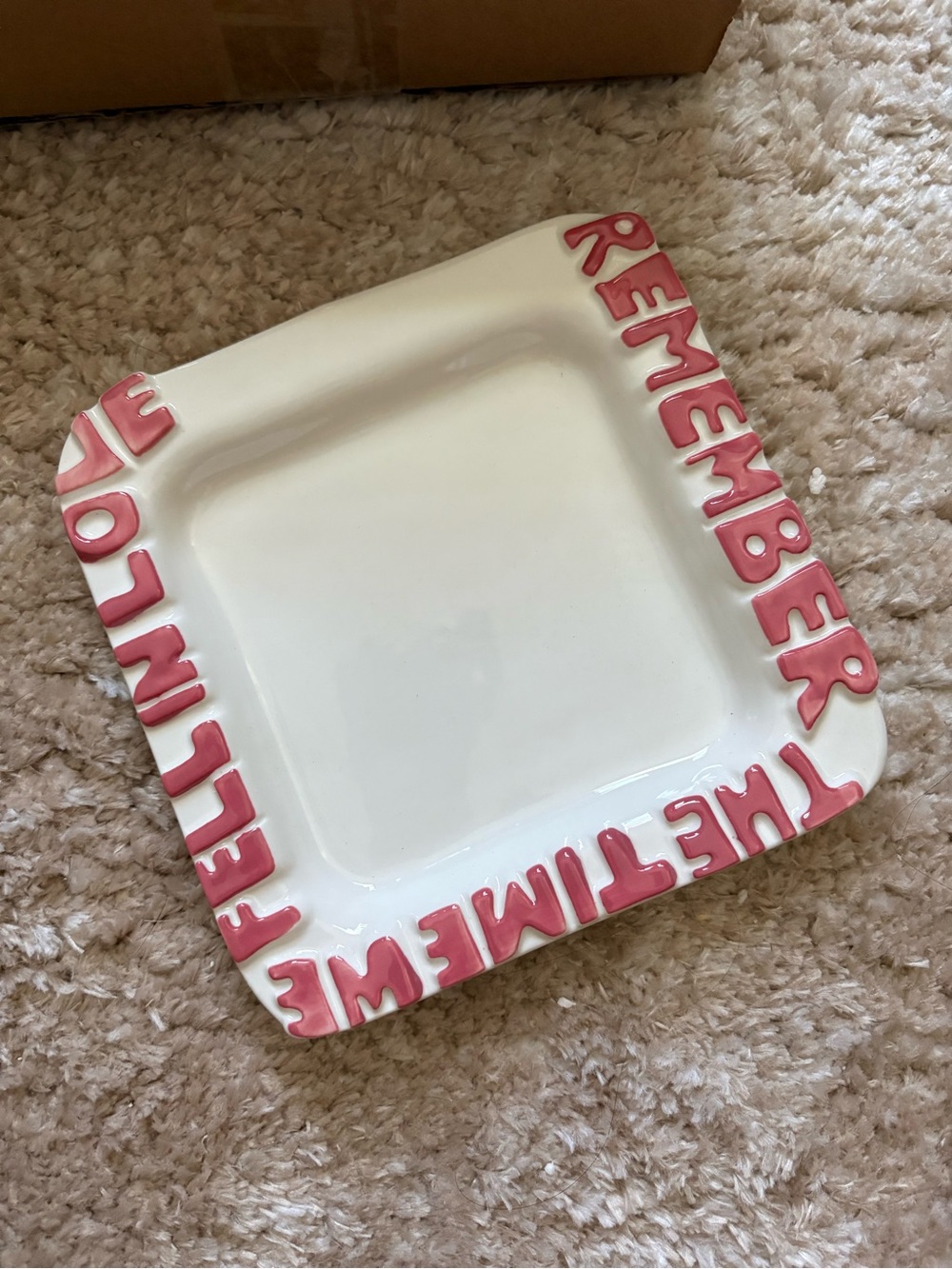Anthropologie Cream Square Plate with Pink Raised Lettering